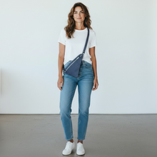 Load image into Gallery viewer, Navy Flat Leather Triangle Crossbody Bag