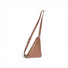 Load image into Gallery viewer, Triangle shaped leather crossbody travel bag with a secure brass zippered closure, cell phone pocket and adjustable shoulder strap with brass buckle. Compact, hands-free design. Flat bag that lays flat against the body. Meant to carry a small wallet, keys and cell phone. Brown pebble grain leather that is buttery soft.