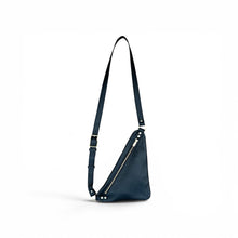 Load image into Gallery viewer, Johannes Leather navy blue textured leather triangle crossbody sling bag with a silver diagonal zipper and strap.