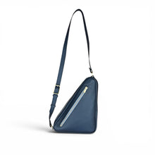 Load image into Gallery viewer, Johannes Leather navy blue triangular crossbody sling bag with gold-tone hardware and adjustable shoulder strap.