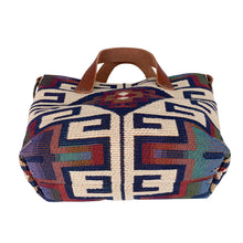 Load image into Gallery viewer, Bottom view of women's southwestern mini tote handbag. Chestnut brown leather handles.