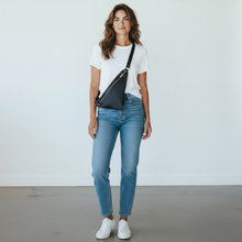 Load image into Gallery viewer, Jet Black Flat Leather Triangle Crossbody Bag
